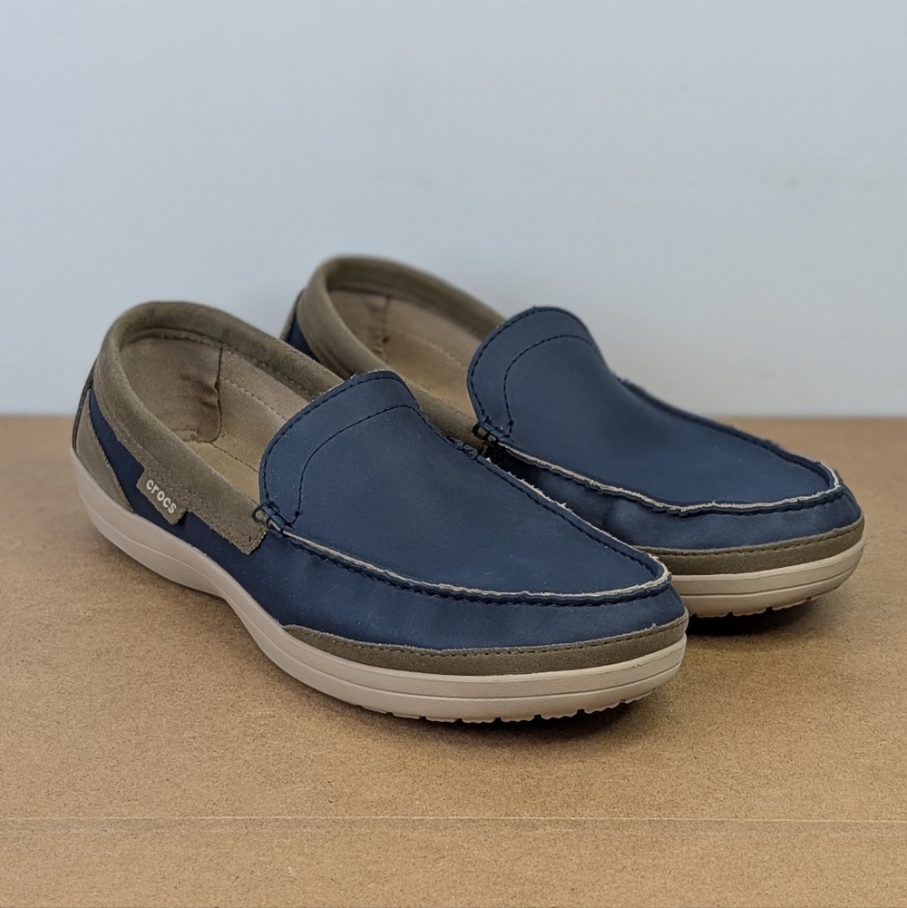 Crocs | Wrap ColourLite Shoe, Navy Blue & Tumbleweed Tan Faux Leather, Size 11